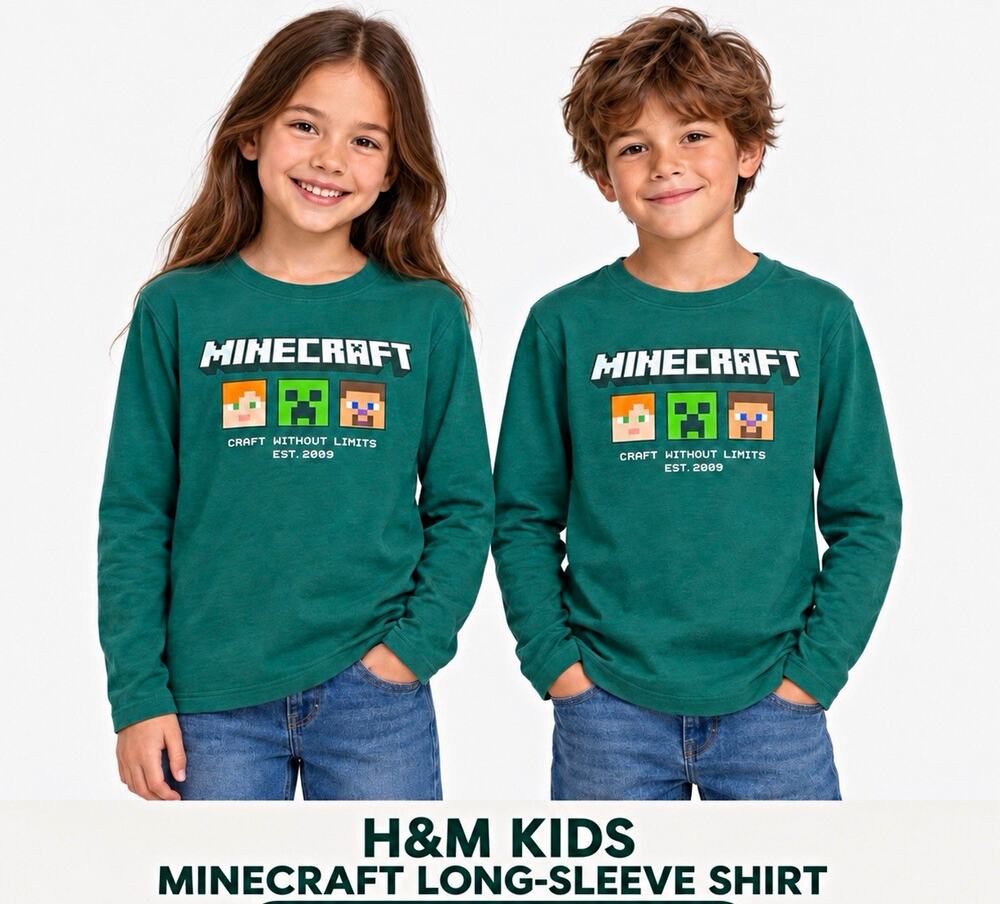 H&M Kids Minecraft Green Graphic Logo Long Sleeve Crew Neck Tee Size:9-10